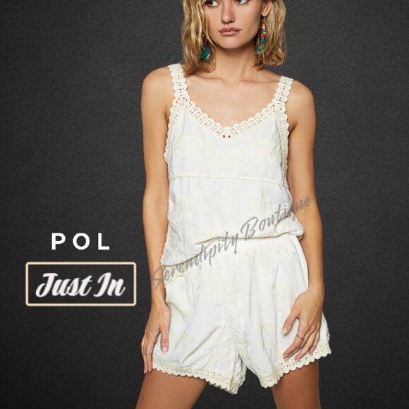 POL Linen and Lace 2pc Lounge Shorts Cami Top Antique Lace Crochet Embroidered - Picture 2 of 11